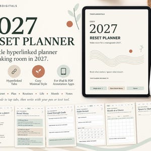 Puede incluir: Un planificador digital 2027 Reset Planner mostrado en la pantalla de una tableta con un lápiz óptico. El planificador presenta un fondo crema con texto verde oscuro, incluyendo secciones para reflexión, hábitos y planificación mensual.