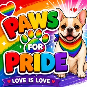 Op de afbeelding: Kleurrijke afbeelding met de tekst "PAWS FOR PRIDE" en "LOVE IS LOVE". Een lachende hond met een regenboog bandana is afgebeeld. De achtergrond is een regenboogverloop met harten en sterren.