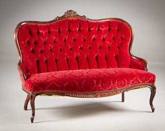 Vintage Red Velvet Settee   Hand Carved Antique Style Loveseat   Victorian Baroque Sofa for Living Room  Wedding Decor or Photo Studio