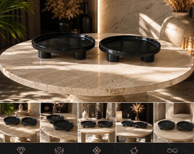 Black Marble Footed Tray Set, Round Marble Riser 2-Piece, Luxury Coffee Table Decor, Modern Serving Pedestal Organizer