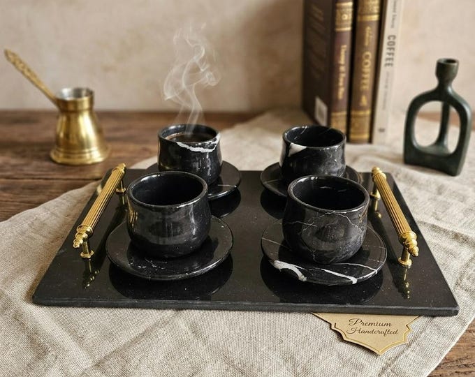 Black Marble Coffee Cup Set, Turkish Coffee Set for 4, Handmade Marble Cups and Tray, Luxury Coffee Serving Set, Gold Detail