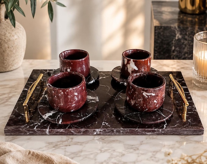 Luxury Red Marble Coffee Cup Set with Marble Tray, Handmade Natural Stone Espresso Cups, Modern Kitchen Decor, Housewarming Gift