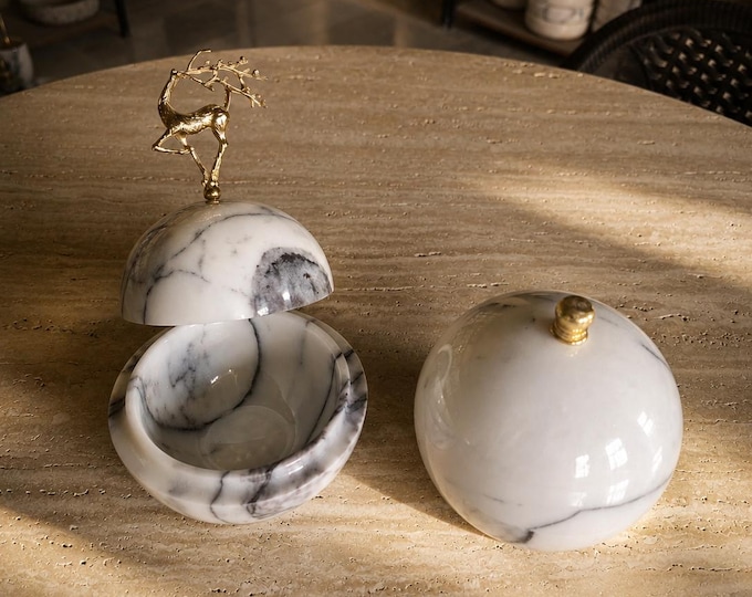 Luxury Marble Covered Bowl with Golden Deer, Handmade Natural Stone Decorative Box, Elegant Jewelry & Candy Dish, Modern Home Decor Gift