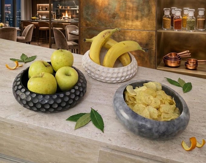 - Dimpled Texture Decorative Stone Bowl, Handcrafted Marble Serving Bowl for Kitchen, Unique Chips and Dip Bowl 7 piece