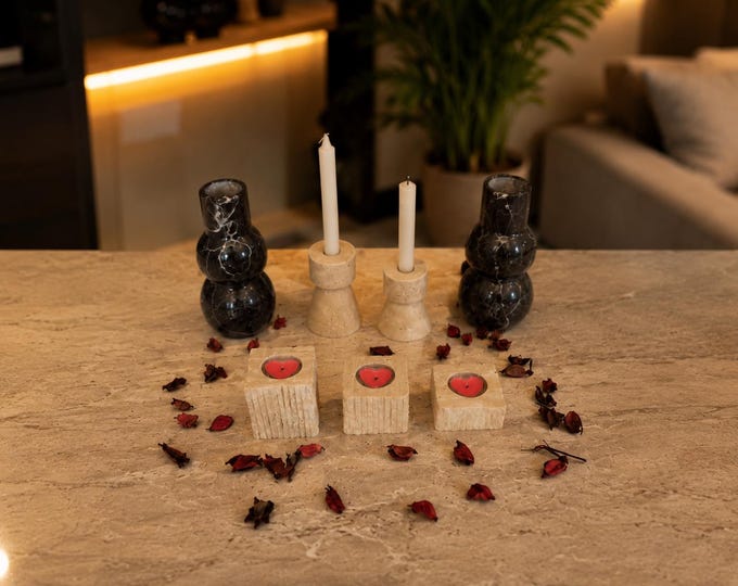 Luxury Travertine Candle Holders & Black Marble Vase Set | Handmade Natural Stone Home Decor | Modern Minimalist Table Decoration | 7 piece