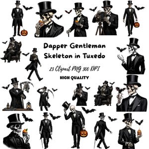 Puede incluir: Una colección de imágenes digitales que muestra un esqueleto vestido con esmoquin negro y sombrero de copa, en varias poses con calabazas, murciélagos y cámaras, acompañada por el texto Dapper Gentleman Skeleton in Tuxedo.