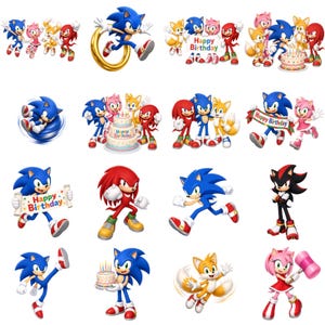 May include: A collection of Sonic the Hedgehog character stickers featuring Sonic, Tails, Knuckles, Amy Rose, and Shadow in various poses, some holding birthday cakes or banners with the text Happy Birthday, rendered in vibrant colors.