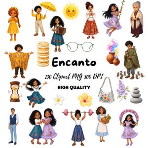 May include: A collection of digital illustrations featuring characters, flowers, a sun, glasses, a stack of cookies, an hourglass, a handbag, and stones. The text reads Encanto 130 Clipart PNG 300 DPI HIGH QUALITY. These colorful graphics depict various figures.