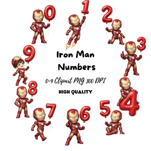 May include: A collection of Iron Man character illustrations paired with red balloon numbers from zero to nine. The text reads Iron Man Numbers, 0-9 Clipart PNG 300 DPI, and HIGH QUALITY. Each character wears a red and gold suit of armor.