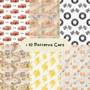 Könnte beinhalten: Eine Sammlung von zehn verschiedenen Mustern mit Autos, Rennsportmotiven und Route 66-Bildern. Designs umfassen rote Rennwagen, Zielflaggen, Blitze und Straßenschilder. Der Text "+ 10 Patterns Cars" ist sichtbar.
