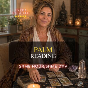 May include: A person wearing a brown patterned shawl over a white shirt, sitting at a round table with tarot cards, a crystal, and a candle. Text on the image reads: EXTRA DETAILED, PALM READING, SAME HOUR/SAME DAY.