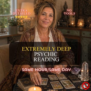 May include: A person wearing a brown patterned shawl over a white shirt, sitting at a round table with tarot cards, a lit candle, and a clear crystal point. Text on the image reads: EXTRA DETAILED, NO TOOLS, EXTREMELY DEEP PSYCHIC READING, SAME HOUR/SAME DAY.