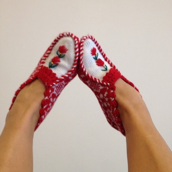 Red and white  Otantic slippers, special knitting slippers,Home slippers - Turkish Slippers