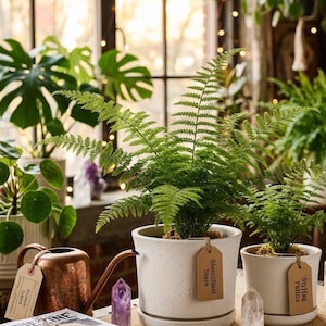 May include: Two potted ferns with lush green foliage sit on a table, each in a white ceramic pot. The larger pot has a tag that reads "BloomNest Store." Other plants, crystals, and a copper watering can are also visible.