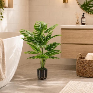 28 Inch Tall Artificial Monstera Faux Plant Green Tropical Tree With Black Gold Pot