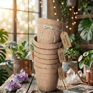 May include: A stack of light brown cork planters tied with a light blue string. The planters have a textured surface and are labeled with tags that read "BloomNest Store", "StyHag Patina", and "Forensic Store".