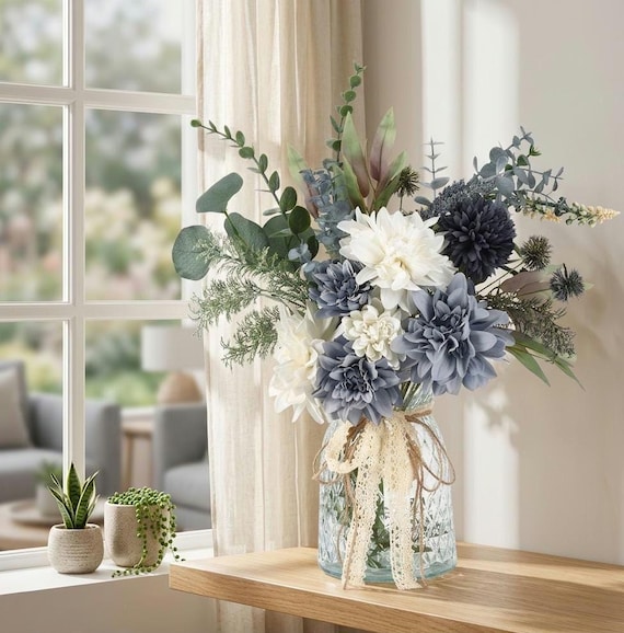 Artificial Flowers Blue White Floral Arrangement Lace Glass Vase Table Centerpieces