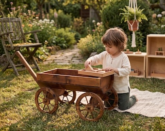 Chariot en bois rustique avec roues robustes pour décoration de jardin ou récréation pour enfants