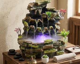 Indoor Tabletop Waterfall Fountain with LED Light & Mist | Zen Meditation Decor | Layered Cascading Water Feature for Home Office Desktop