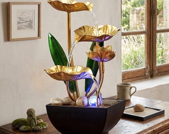 Gold Tiered Lotus Leaf Tabletop Fountain with LED Light – Zen Meditation Decor