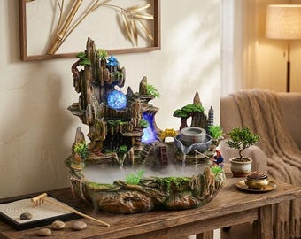 Chinese Mountain Waterfall Fountain Indoor – LED Mist Feng Shui Tabletop Decor, Pagoda & Fisherman Miniature