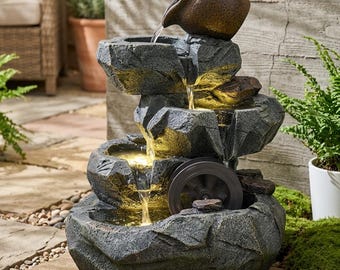 3 Tier Cascading Rock Fountain Pouring Jug LED Light Indoor Outdoor Water Feature