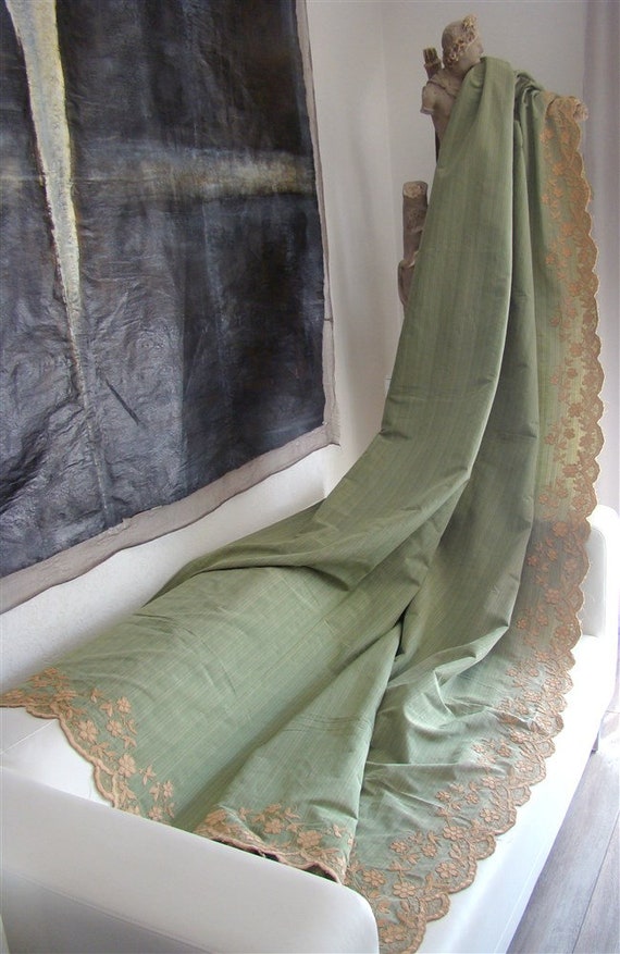 2 French Antique Green Silk Curtains Flowers Embroidered Etsy