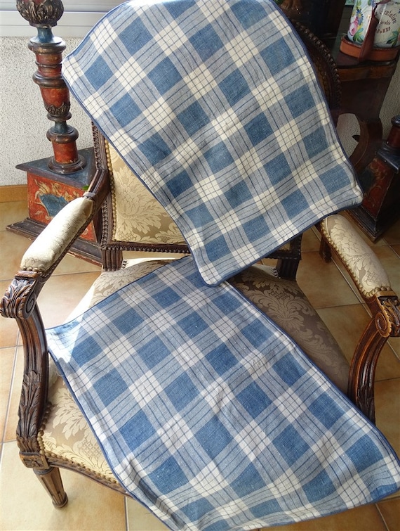 2 Housses De Coussins à Carreaux En Lin Bleu Et Blanc étoffe Ancienne