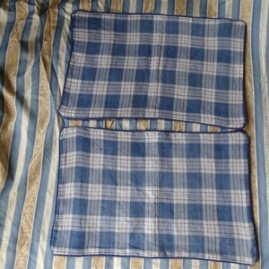 May include: Two blue and white plaid pillowcases with navy blue trim.