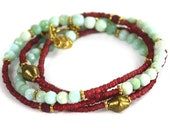 Wrap Bracelet, Convertible to Anklet or Necklace. Opal Bracelet. Bohemian Bracelet. Peru Blue Opal, Ruby and Ancient Trade Beads.