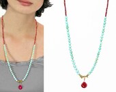 Indian Summer Collection. Beaded Necklace, Peru Opal, Raspberry Red and Gold Nugget Necklace with Ruby Chalcedony Drop, In Gold or Silver