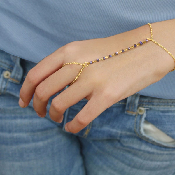 Amethyst and Gold Slave Bracelet. Hand Harness with Gold Filled Chain and Purple Amethyst.