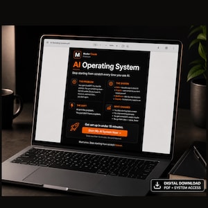 May include: A laptop screen showing a webpage titled "AI Operating System" with the text "Stop starting from scratch every time you use AI." The page includes sections on "The Problem," "The System," "The Shift," and "What Changes."