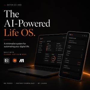 Puede incluir: Gráfico oscuro y minimalista que promociona "The AI-Powered Life OS". La imagen presenta un portátil y una tableta que muestran la interfaz del software. El texto incluye "Un sistema minimalista para automatizar tu vida digital."