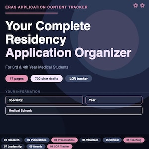 May include: A digital organizer for residency applications, featuring the text "Your Complete Residency Application Organizer." It includes sections for information, research, publications, and more. Designed for 3rd & 4th year medical students.