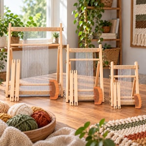 May include: Three light-coloured wooden weaving looms of varying sizes, each strung with white vertical warp threads. Each loom includes two wooden shuttles and a wooden weaving comb. A wooden bowl filled with colourful yarn balls sits nearby.