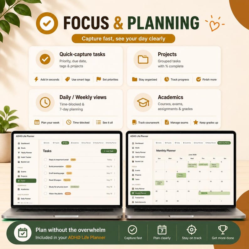 ADHD Life Planner Web App | All-in-One HTML Daily Planner, Habit Tracker, Budget & Mood Log | Works Offline · Instant Download · Light/Dark