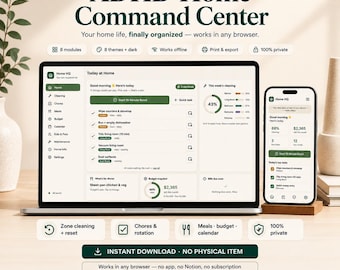 ADHD Home Command Center | Digital Household Planner Web App | Cleaning Chores Meals Budget Family Organizer | Offline, No Subscription