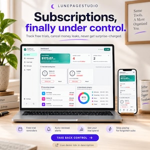 Rastreador de assinaturas e lembrete de período de teste gratuito, painel de controle de gastos com contas e orçamento (aplicativo web offline)