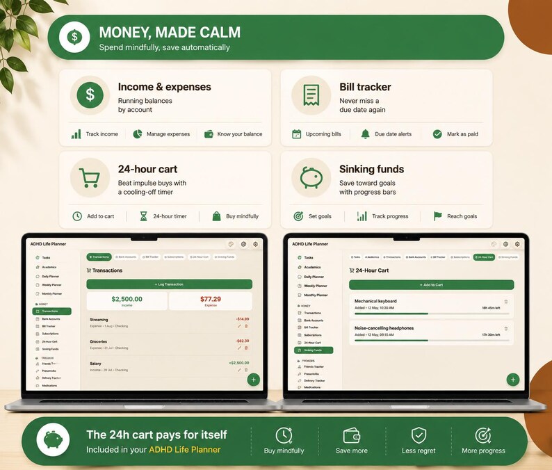 ADHD Life Planner Web App | All-in-One HTML Daily Planner, Habit Tracker, Budget & Mood Log | Works Offline · Instant Download · Light/Dark