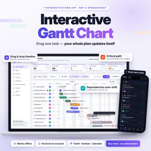 May include: An interactive Gantt chart web application interface displayed on a laptop screen and a smartphone. The dashboard features task management, drag-and-drop timelines, critical path analysis, and dependency auto-shifting in a light and dark mode.