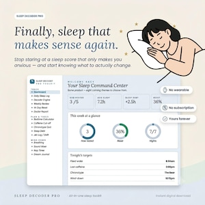 May include: A digital Sleep Decoder Pro toolkit dashboard featuring a sleep command center with metrics like average rest, sleep debt, and reset percentage. Includes a sidebar with tracking tools, a sleep illustration, and text: Finally, sleep that makes sense again.