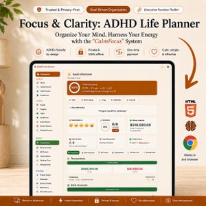 ADHD Life Planner Web App | All-in-One HTML Daily Planner, Habit Tracker, Budget & Mood Log | Works Offline · Instant Download · Light/Dark