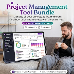 May include: A digital project management tool bundle displayed on a tablet screen. The interface features a dashboard with project progress, task status, and weekly performance charts. Text includes Project Management Tool Bundle, Private, Offline, Web App, Any device, No login, and Created by LunePageStudio.