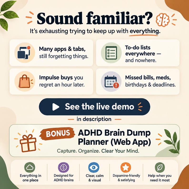 ADHD Life Planner Web App | All-in-One HTML Daily Planner, Habit Tracker, Budget & Mood Log | Works Offline · Instant Download · Light/Dark