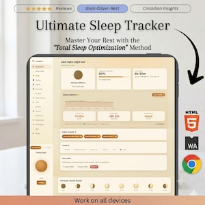 Könnte beinhalten: Ein digitales Tablet mit der Benutzeroberfläche des Ultimate Sleep Tracker in Beigetönen. Der Bildschirm zeigt ein Dashboard mit Mondphasen, Schlafdauer, Gewohnheits-Streaks und Monddaten. Text: "Total Sleep Optimization" und "Work on all devices."
