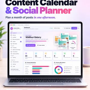 May include: A laptop displaying the Content Calendar & Social Planner web app dashboard. The screen shows analytics, channel distribution, and post scheduling for Wildflour Bakery. Text includes Web App, Works Offline, No Subscription, and Batch Mode.