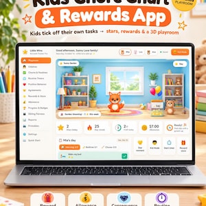 Puede incluir: Una pantalla de portátil que muestra la interfaz de la aplicación Little Wins Kids Chore Chart & Rewards. El panel incluye una sala de juegos animada en 3D con un zorro, listas de tareas, contadores de estrellas y seguimiento de paga.