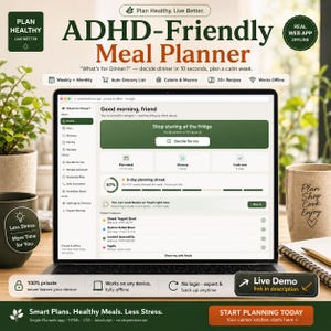 ADHD Meal Planner App, Weekly Monthly Template, Auto Grocery List (Alternative Notion App)