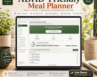 ADHD Meal Planner App, Weekly Monthly Template, Auto Grocery List (Alternative Notion App)